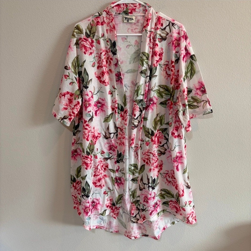 Show Me Your Mumu Floral Open Front Kimono OS Pink White‎ Boho Cover Up